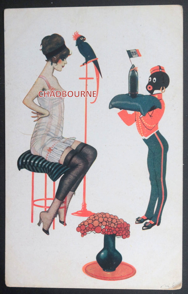 WW1 French art postcard, waiter bringing artillery shell to lady WW1 French art postcard, waiter bringing artillery shell to lady