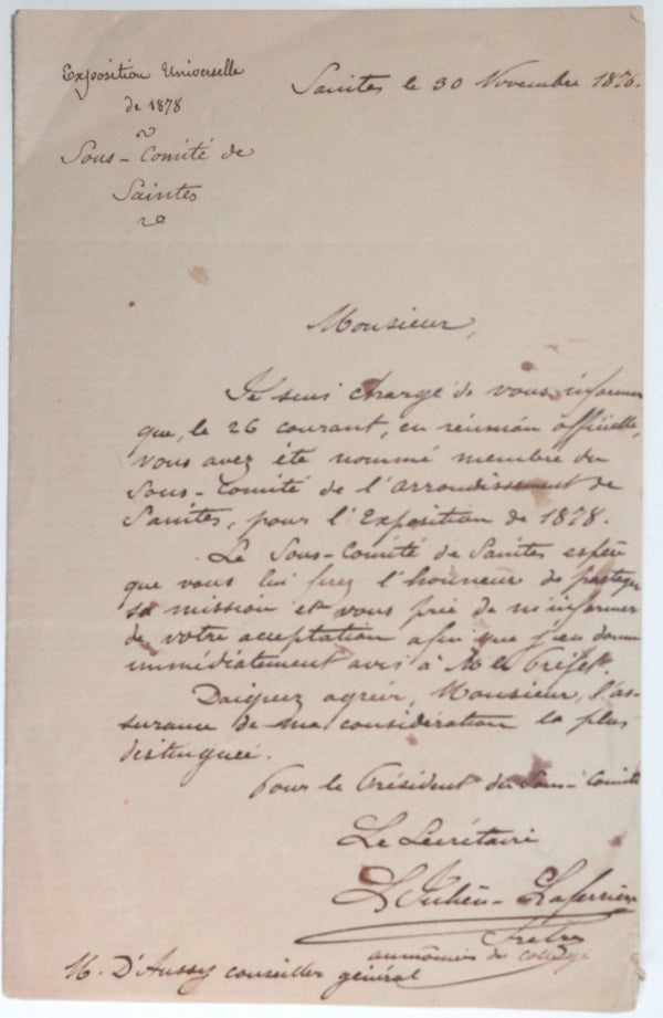 1876 France Saintes M. d'Aussy nommé comité Exposition Universelle