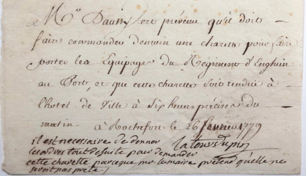 1779 France La Rochelle lettre de Latour DuPin régiment d'Enghien