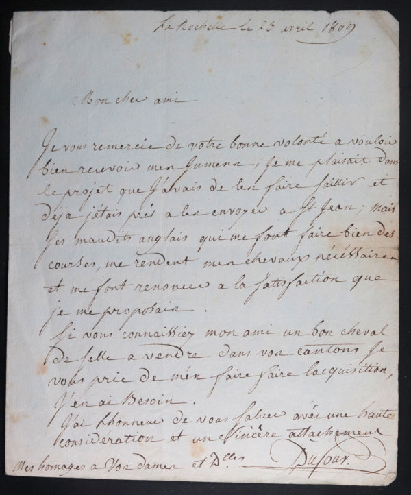 Avril 1809 France La Rochelle lettre du Général Georges Dufour