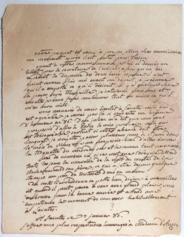 1786 France 2 lettres du vicaire général Taillet à Saintes (Charente)
