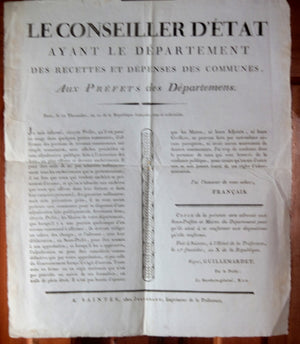 1802 France affiche recettes et dépenses communes dépt. Charente