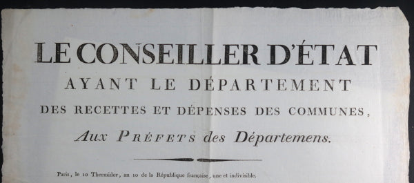 1802 France affiche recettes et dépenses communes dépt. Charente