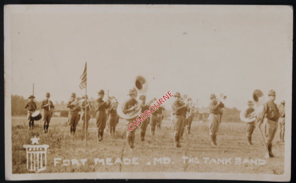 c. 1919 USA photo postcard Fort Meade Maryland Tank Cops Band marching