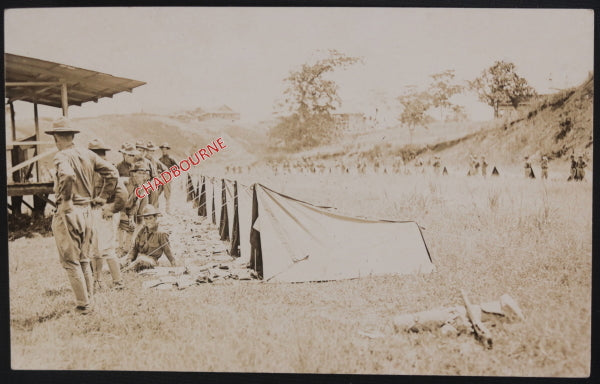 c. 1910s USA soldiers on maneuvers in valley, pitched tents