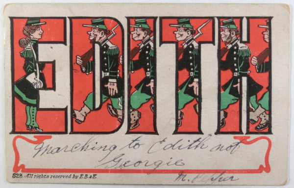 C. 1906 humorous military postcard for 'Edith'