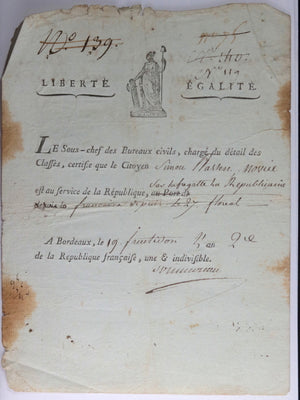 1794 France Bordeaux certificat service frégate Républicaine Française