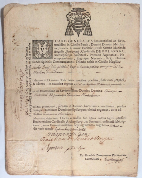 1738 France diocèse d’Auch certificat de tonsure