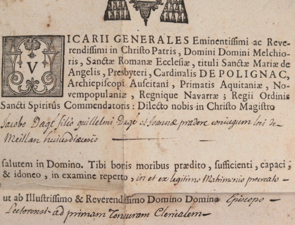 1738 France diocèse d’Auch certificat de tonsure