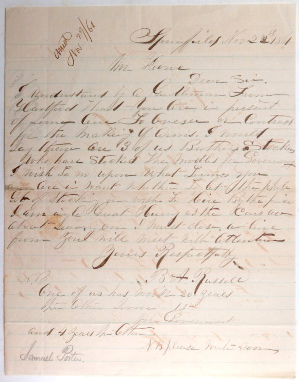 1861 USA Civil War 2 letters Springfield Armory to Providence Tool