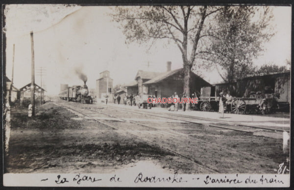 c. 1910 USA set of 2 photo postcards Roanoke IL, coal train, station