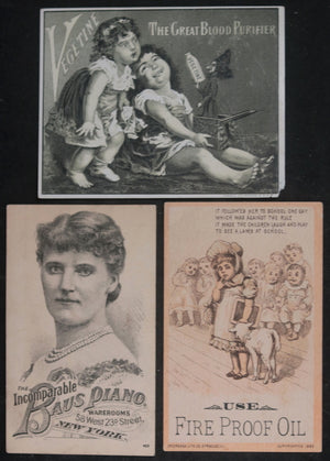 19th century USA set of 5 trade cards medicine piano sewing oil