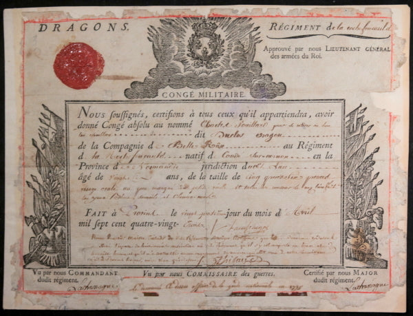 1783 France Régiment de La Rochefoucauld Dragons congé absolu