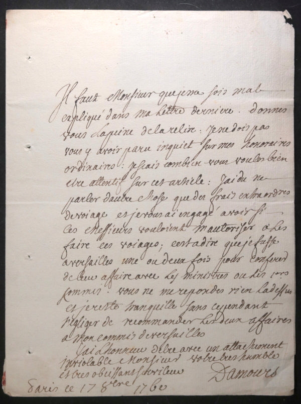 1760 Paris lettre de M. Damours au procureur Desbains (La Rochelle)