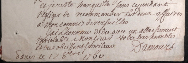 1760 Paris lettre de M. Damours au procureur Desbains (La Rochelle)