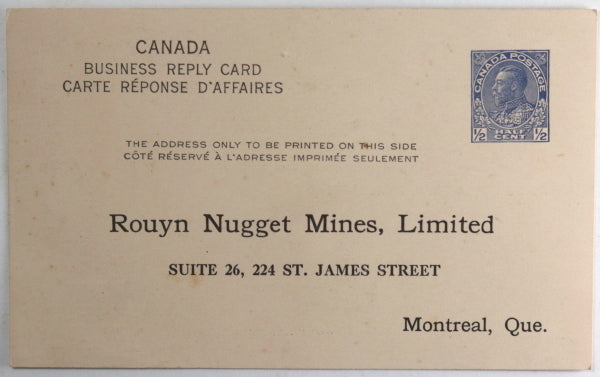 c. 1926 Quebec, postal reply card Rouyn Nugget Mines