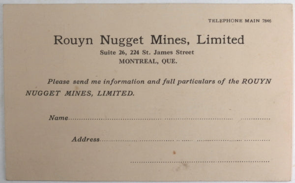 c. 1926 Quebec, postal reply card Rouyn Nugget Mines