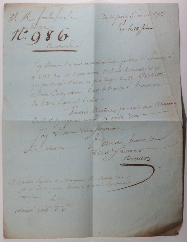 1792 lettre Port de Paix St. Domingue, cargaison d’indigo pour le Havre