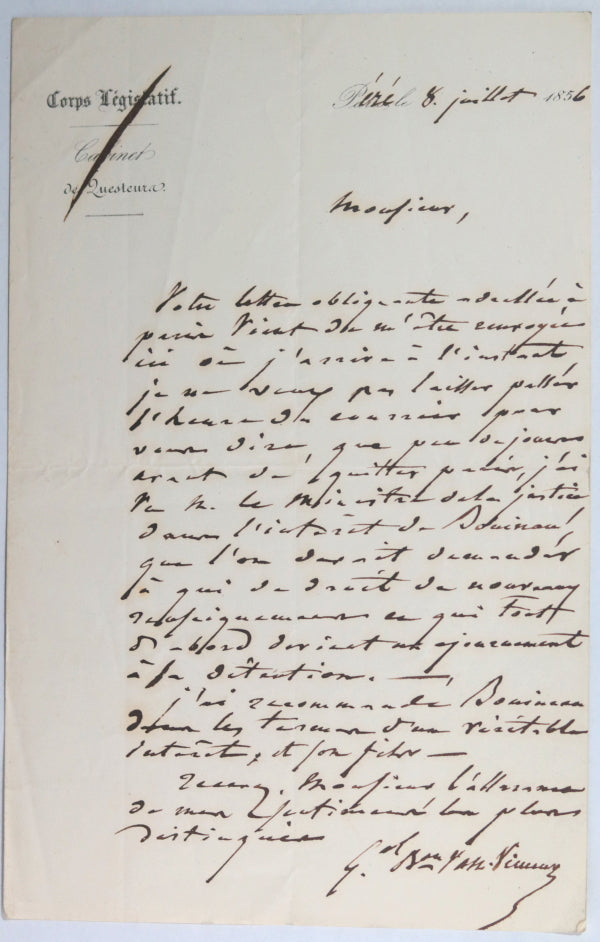 1856 lettre Général Baron Vast-Vimeux, affaire judiciaire