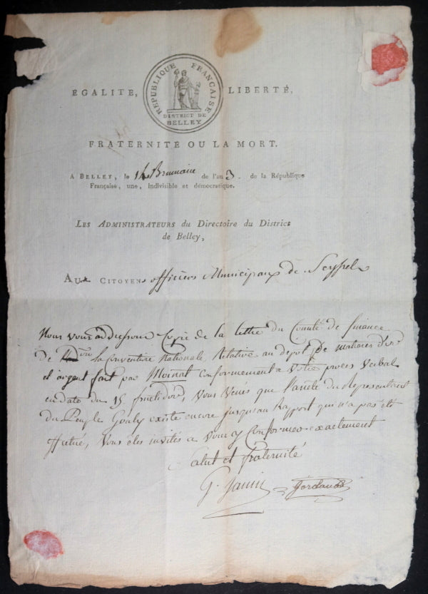 1794 France révolution Directoire Belley aux officier mpaux Seyssel