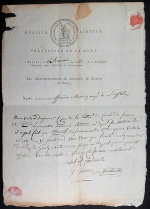 1794 France révolution Directoire Belley aux officier mpaux Seyssel