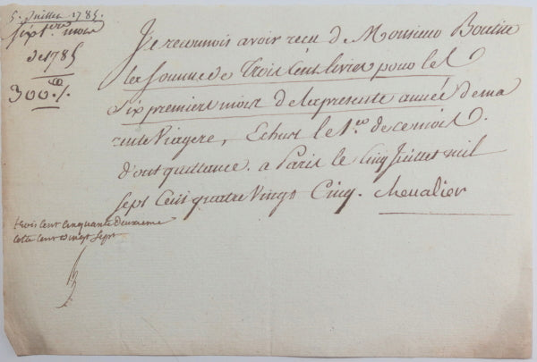 1785 Paris quittance pour un des frères Boutin pour rentes viagères