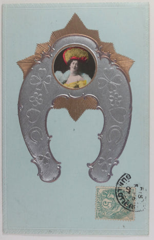 1907 France carte postale Art Nouveau fer de cheval en argent et dame