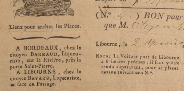 1795 billet de transport, de Libourne à Bordeaux