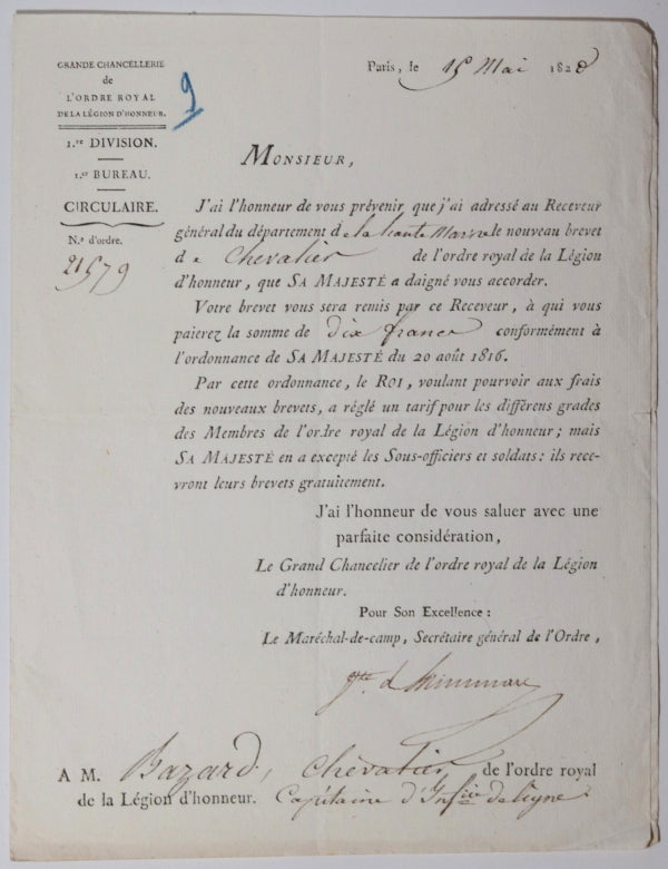 1820 Paris brevet Chevalier Légion d’Honneur pour Capitaine 22e RdL