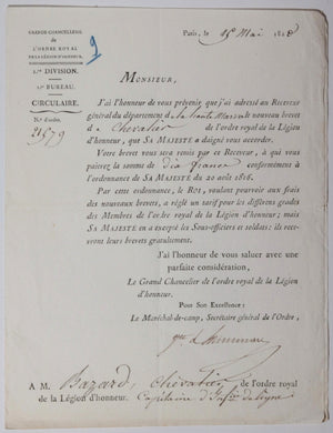 1820 Paris brevet Chevalier Légion d’Honneur pour Capitaine 22e RdL