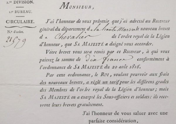 1820 Paris brevet Chevalier Légion d’Honneur pour Capitaine 22e RdL