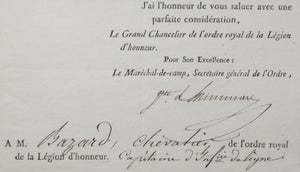 1820 Paris brevet Chevalier Légion d’Honneur pour Capitaine 22e RdL