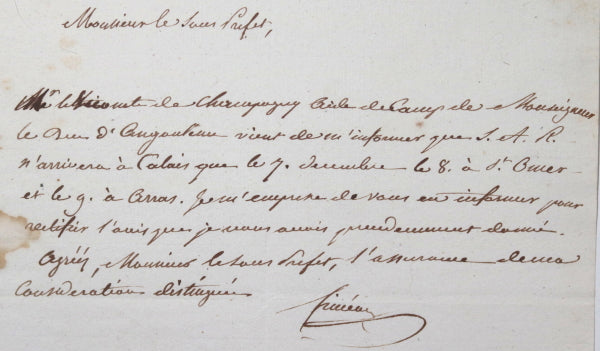 1818 France lettre Siméon Préfet Pas de Calais visite Duc d'Angouleme