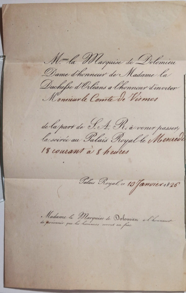 1826 Paris invitation Comte de Vismes pour soirée Duchesse d’Orléans