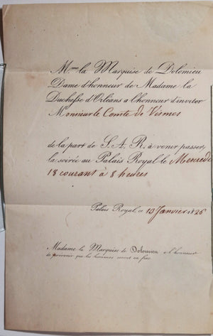 1826 Paris invitation Comte de Vismes pour soirée Duchesse d’Orléans