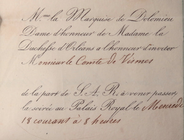 1826 Paris invitation Comte de Vismes pour soirée Duchesse d’Orléans