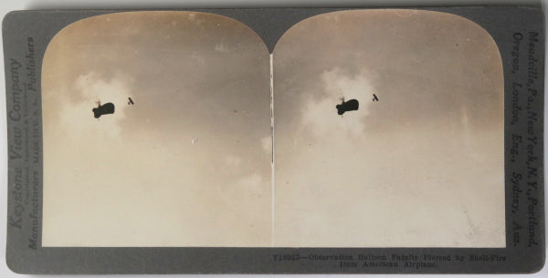 WW1 stereoscopic photo American plane vs German observation balloon