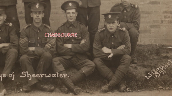 WW1 UK 1915 photo postcard Sheerwater Surrey soldiers (fusiliers?)