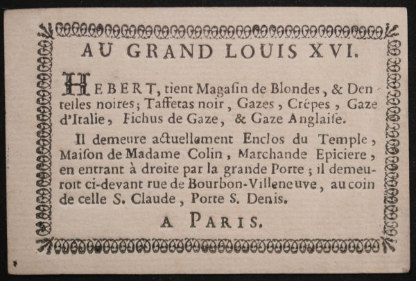 18e Paris AU GRAND LOUIS XVI carte de visite revers carte à jouer