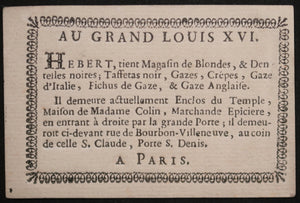 18e Paris AU GRAND LOUIS XVI carte de visite revers carte à jouer