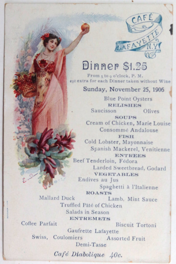 1906 USA postcard menu for Cafe Lafayette NYC