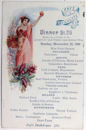 1906 USA postcard menu for Cafe Lafayette NYC