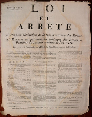 1800 France Charente-Inférieure Affiche Routes, Rentes, Pensions