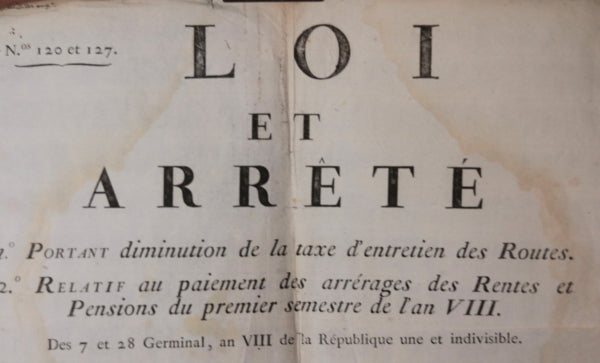 1800 France Charente-Inférieure Affiche Routes, Rentes, Pensions