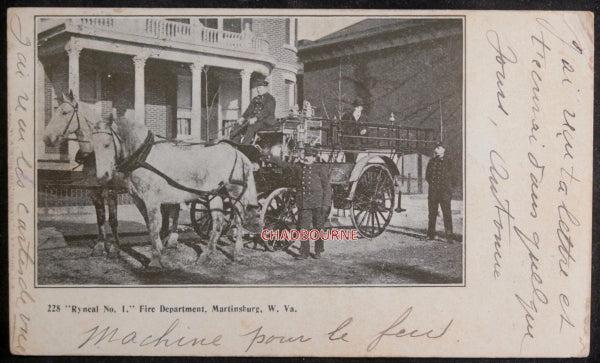 1906 USA postcard Martinsburg W VA horse-drawn Ryneal fire hose wagon