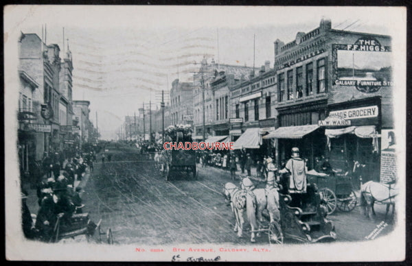 1908 Canada postcard view parade down 8th Street Calgary