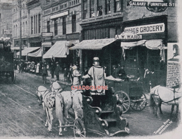 1908 Canada postcard view parade down 8th Street Calgary