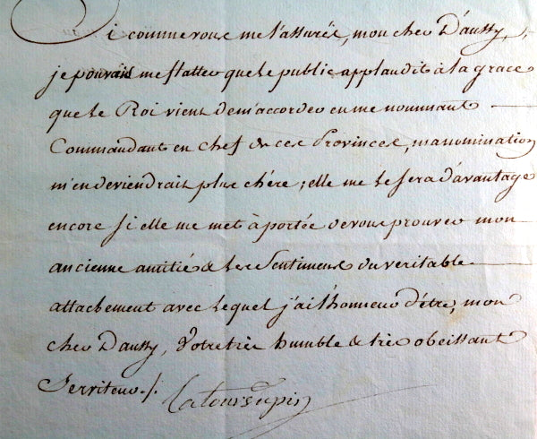 1788 France lettre de La Tour Du pin, nomination comme commandant