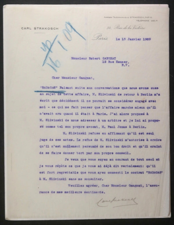1909 Paris lettre de Carl Strakosch sur comédie ‘Rabagas’