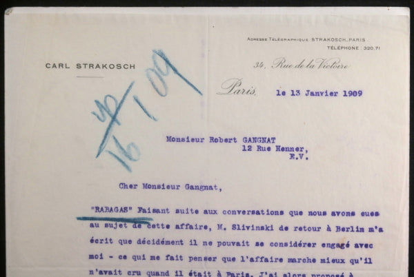 1909 Paris lettre de Carl Strakosch sur comédie ‘Rabagas’